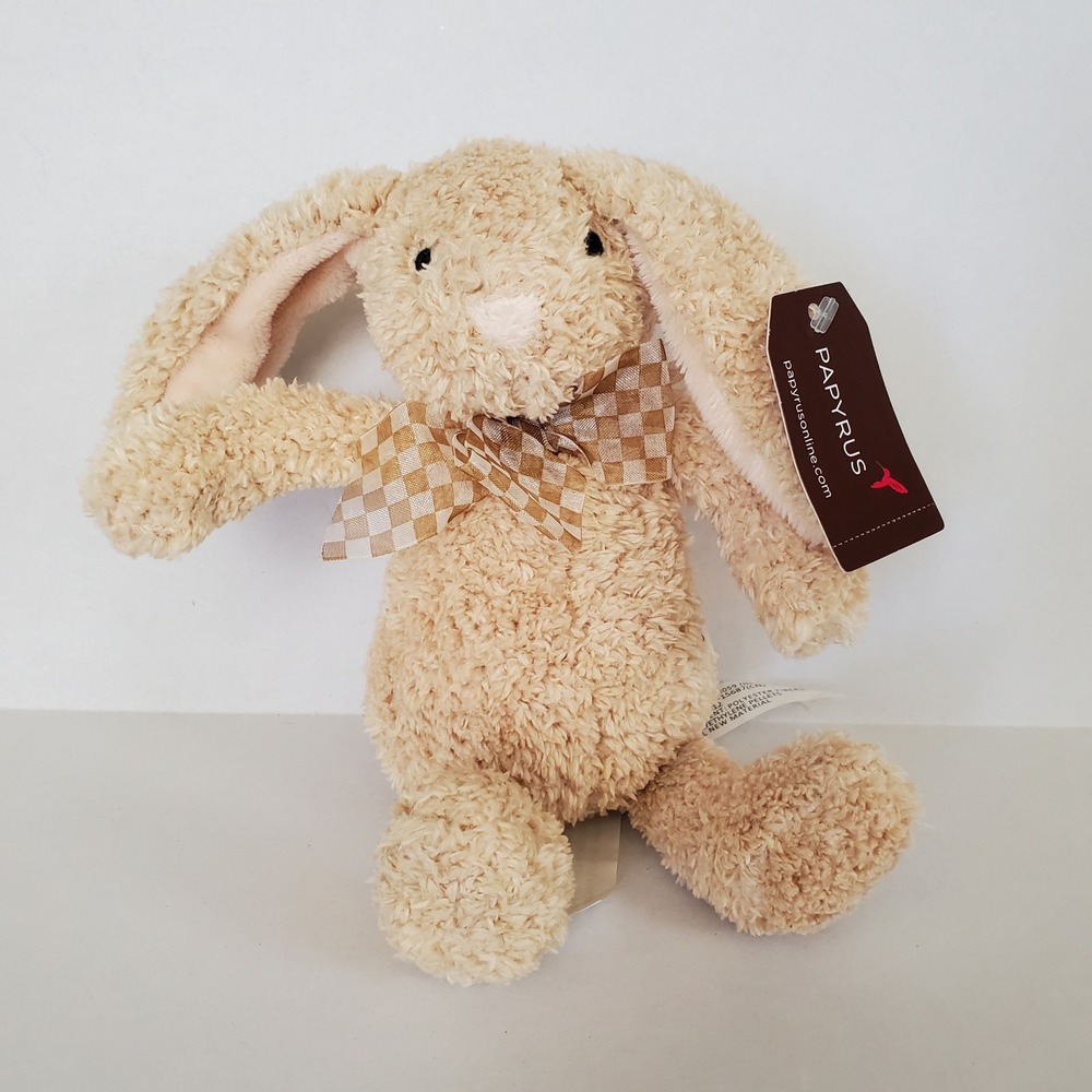 Papyrus Tan Plush Bunny Rabbit Stuffed Animal Floppy Ears Gingham Bow NWT